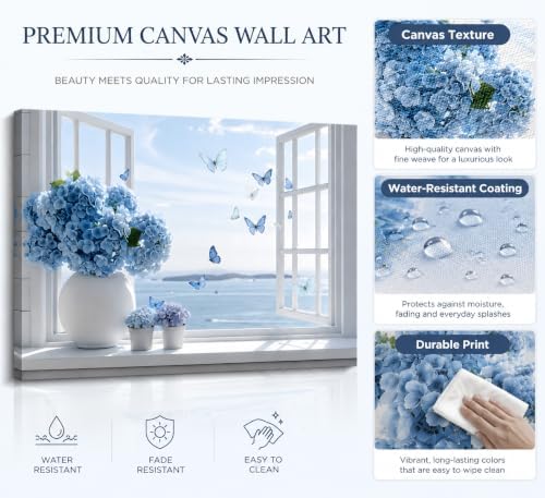 Birnsen Coastal Bathroom Canvas Wall Art Blue Hydrangea Floral Vase Butterfly - Image 5