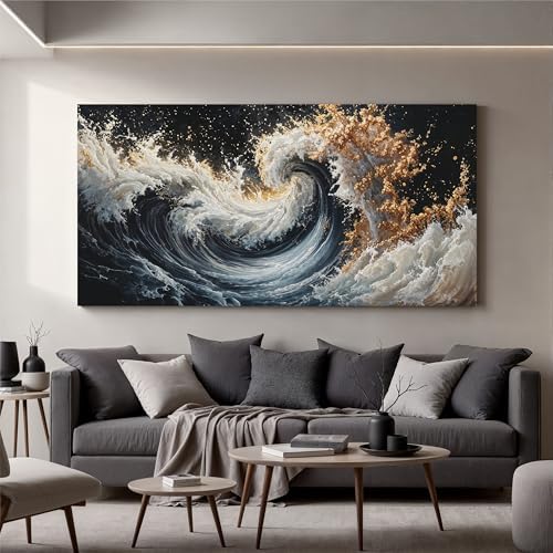 YISXINOAG Blue Gold Ocean Wall Art Coastal Abstract Painting Canvas 29"X58" - Image 3