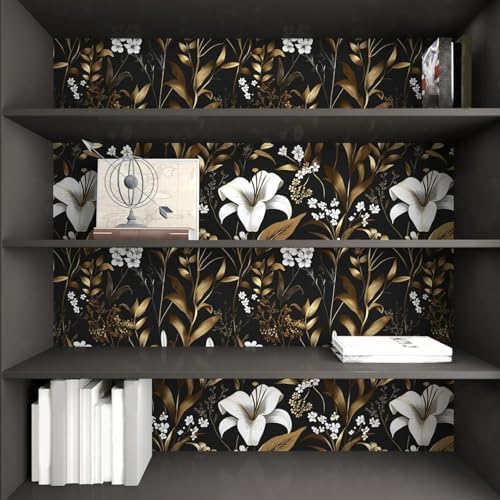 Laatse Vintage Dark Black Golden Floral Peel and Stick Wallpaper 17.5"x197" - Image 5