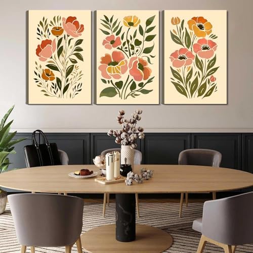 3Pcs Boho Floral Canvas Wall Art Abstract Botanical Flower Prints Minimalist - Image 3