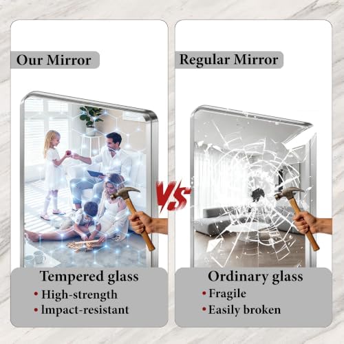 Bathroom Mirror for Wall, 30 Inch Square Mirror, Matte Silver Metal Framed - Image 4