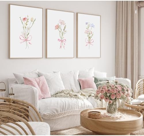 Girl Flower Bow Wall Art Coquette Pink Floral Canvas Wall Decor Nursery - Image 3