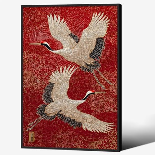Retro Japanese Canvas Wall Art Funny Oriental Crane Posters Red And Gold Bird by Unknown