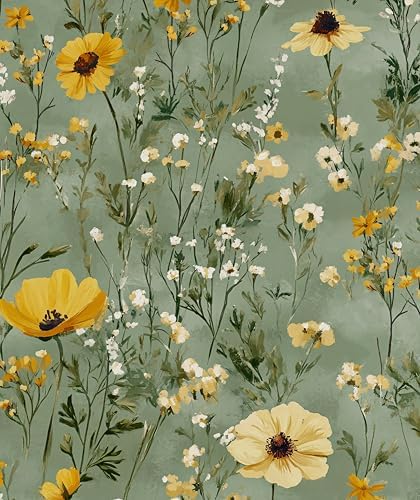Laatse Vintage Green Yellow Daisy Floral Botanical Wallpaper 17.5"x393" by Laatse