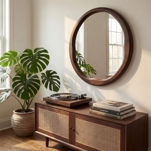 Dark Walnut 30 Inch Round Wood Wall Mirror, Asymmetrical Inner Edge - Image 2