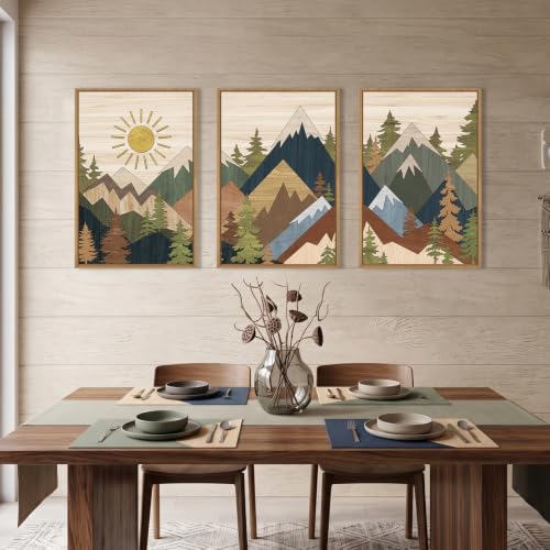 Large Abstract Mountain Woodcut Framed Canvas Wall Art, Vintage Pine Tree Wall - Image 2