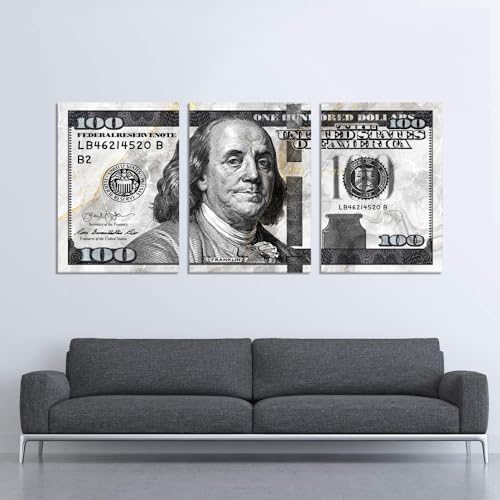 Money Pictures Wall Decor 3 Panels One Hundred Dollars Pictures Wall Art Grey - Image 2