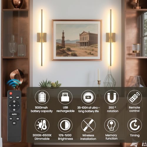 Battery Operated Wall Sconces set of 2, 11000mAh Rechargeable Brushed Bronze - Image 2