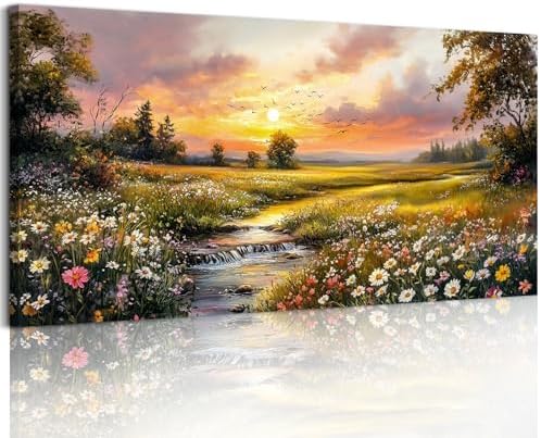 crmotu Extra Large Canvas Art, Rustic River Meadow Wall Decor 29X57 In by crmotu