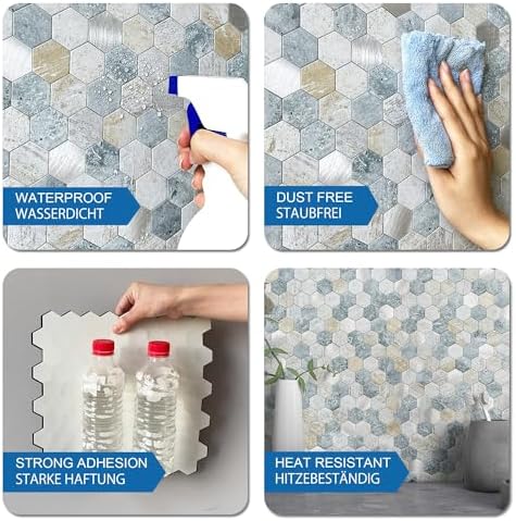 Peel and Stick Backsplash Hexagon Marble Tiles Blue Green 5pcs - Image 6