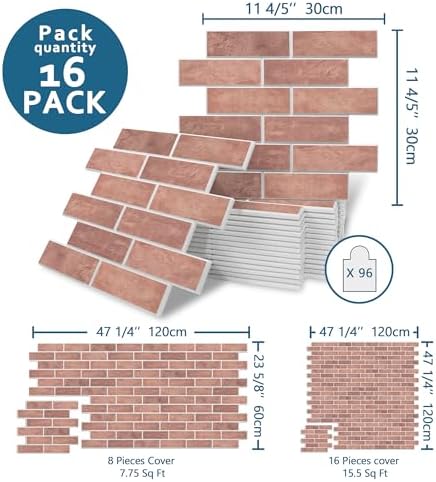 16-Pack 3D Faux Brick Acoustic Wall Panels, 11.8" x 11.8" Peel and Stick PET - Image 2