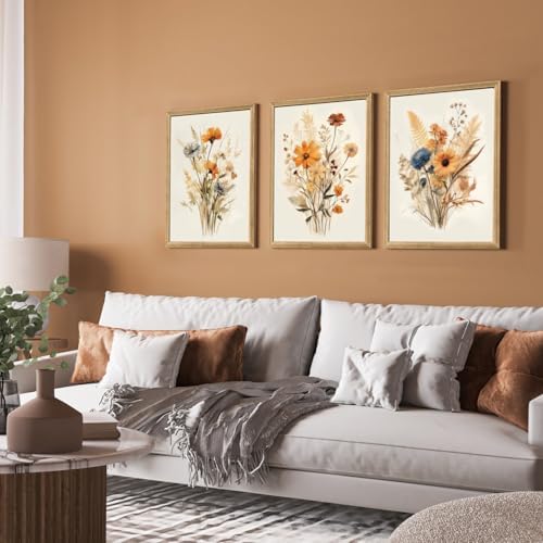 Hianan Wood Framed Vintage Orange Wildflower Wall Art Set of 3, 16x24 in - Image 3