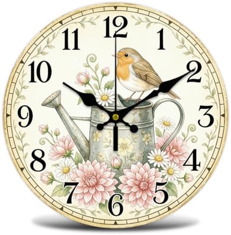 Watering Can Bird Wall Clock Silent Non-Ticking 12" by WHIMSTITCH