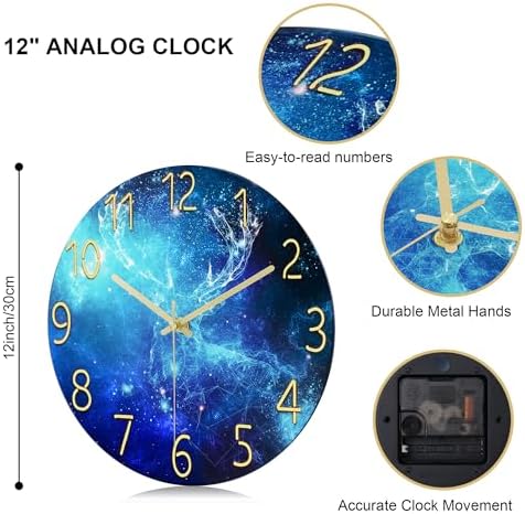 Lafocuse 12 Inch Blue Wall Clock Silent Non Ticking, Galaxy Glass Clocks - Image 5