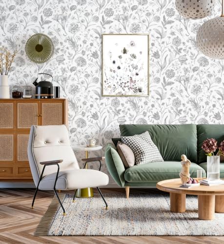 White Grey Vintage Floral Peel and Stick Wallpaper 17in x 118in - Image 4