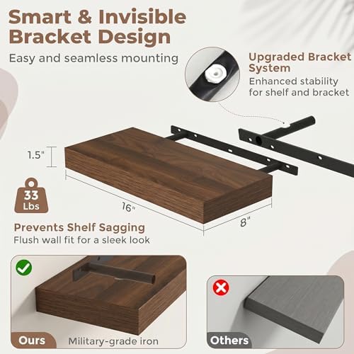 16 Inch Floating Shelves for Wall, Walnut Finish - Image 3