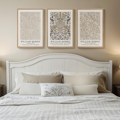 Framed William Morris Neutral Botanical Canvas Wall Art Set of 3, 16x24 In - Image 4