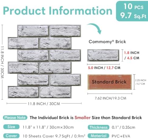 Commomy Faux Brick Wall Panels Peel and Stick Thin PVC 10 Pcs 11.8" x 11.8" - Image 5