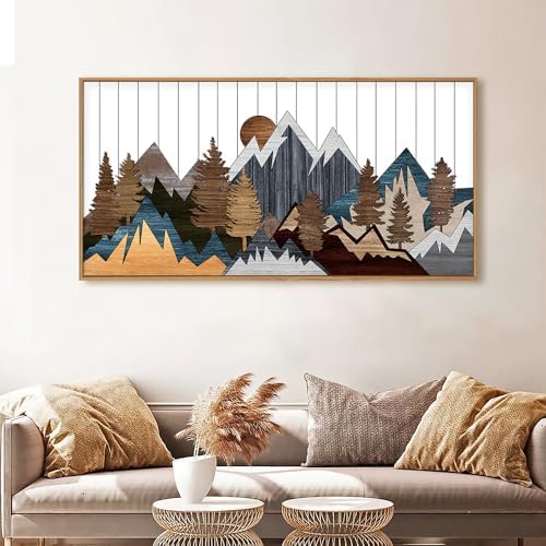 CHDITB Framed Wood Mountain Wall Art, Rustic Forest Nature Wall Painting - Image 2