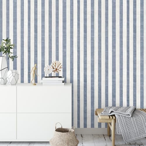 Navy Blue and Cream White Textured Striped Peel and Stick Wallpaper, Self - Image 3