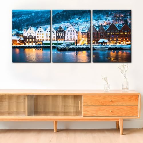 Pacimo 3 Piece Norway Cityscape Canvas Wall Art, Bruges Night View Print - Image 2