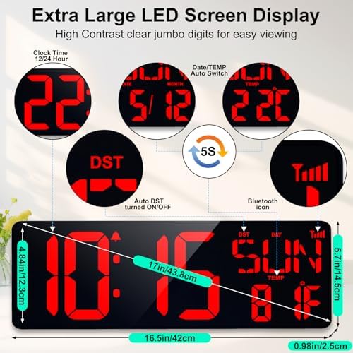 XREXS 17.2" Large Digital Wall Clock Bluetooth Sync Time - Image 3