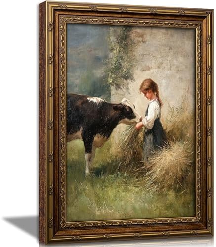 Vintage Gold Framed Farmhouse Canvas Wall Art, Retro Rustic Girl Feeding Cow by VintageGoldFramedWallArt