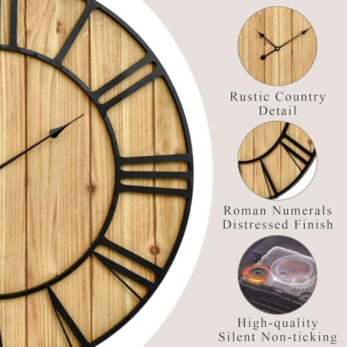 EMAX HOME Large Farmhouse Wall Clock 30 Inch Vintage Brown Wooden Wall Clock - Image 4