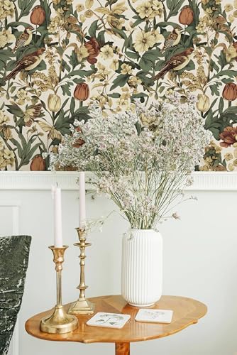 Erfoni Floral Birds Wallpaper Vintage Floral Peel and Stick Wallpaper Beige - Image 4
