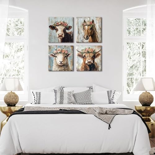 Animal Wall Art Highland Cow Wall Decor Rustic Flower Pictures Farmhouse Animal - Image 6