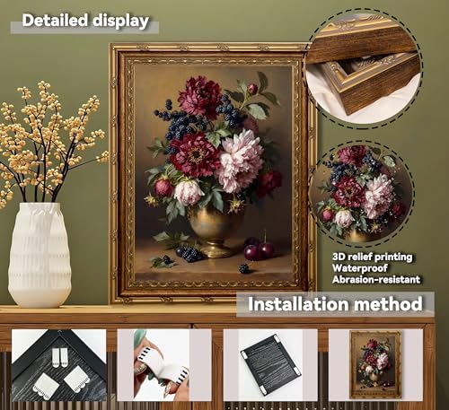 xikafou 3D Textured Canvas Wall Art, Vintage Carved Gold Frame, Peony - Image 4
