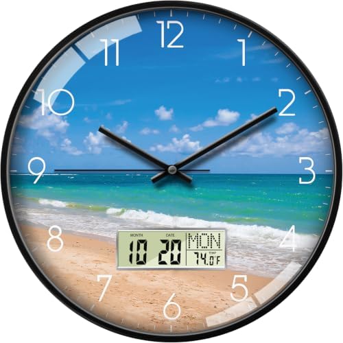 Coastal Beach Wall Clock, 14 Inch Analog and Digital Combo by SCOAGE