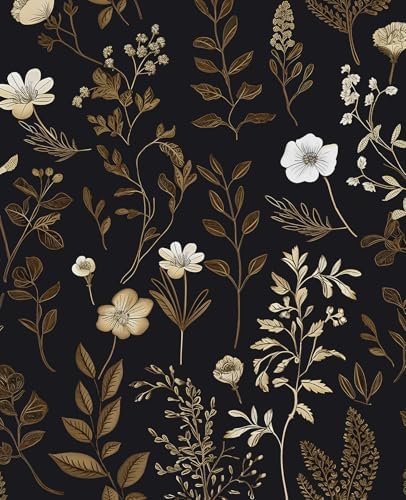 Black Dark Muted Gold Floral Peel and Stick Wallpaper 17.5" x 118" by VOLEAARWALLPAPER