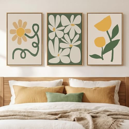 Framed Green Yellow Boho Floral Modern Abstract Wall Art Bedroom, 16x24 In by Cuspin