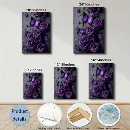 ZERILYN Ship Next Day Purple Rose Wall Art Canvas Prints Butterfly Canvas Art - Image 6