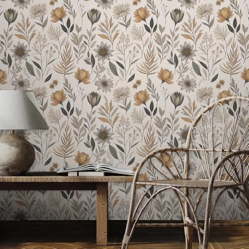 REDAMANCY Vintage Boho Wildflower Yellow Grey Flowers Peel and Stick Wallpaper - Image 3
