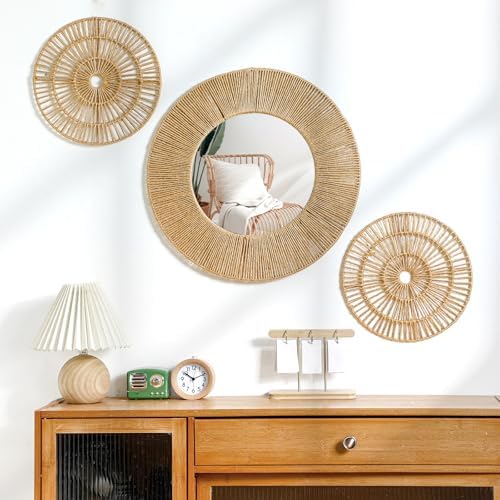 Yerliker 3 Pcs Boho Mirror Wall Decor, Natural Jute Woven Round Mirror by Yerliker