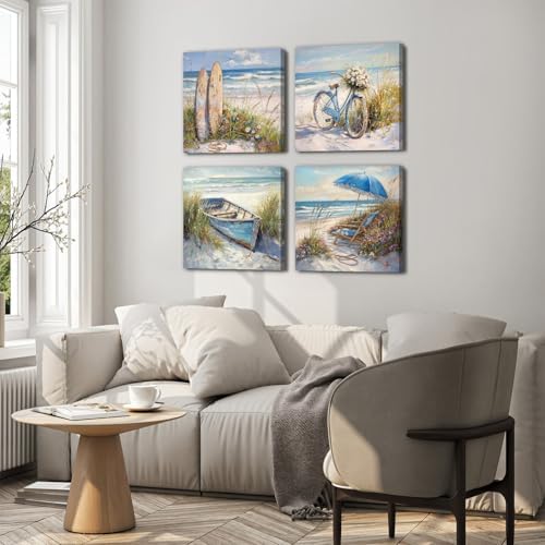 Coastal Beach Canvas Wall Art Blue Seaside Flower Landscape Wall Decor - Image 4