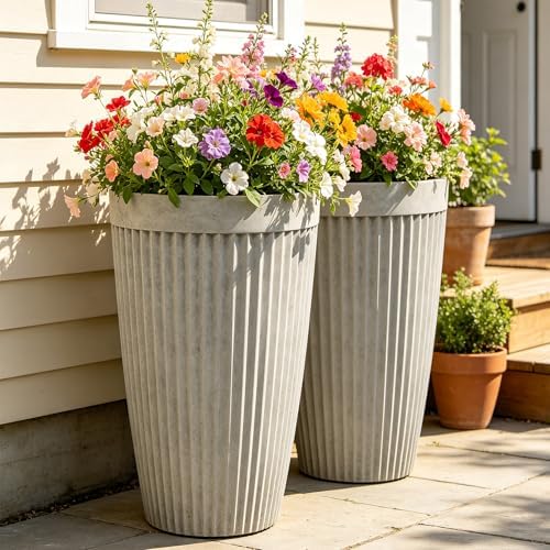 Autodaya 20" Resin Outdoor Tall Planters Set of 2, Ivory Fluted - Image 3