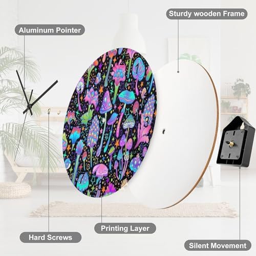 Botanical Wall Clock 12 Inch Silent Non Ticking Clock Wooden, Psychedelic - Image 7