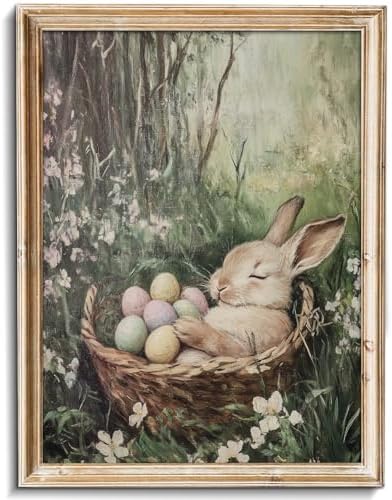 uniro Vintage Easter Rabbit Canvas Wall Art Print, Coloured Eggs and Bunny by uniro