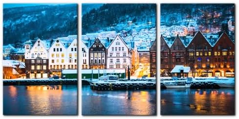 Pacimo 3 Piece Norway Cityscape Canvas Wall Art, Bruges Night View Print by Pacimo