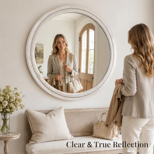 Solid Wood 36 Inch Round Beaded Wall Decor Mirror, Distressed White - Image 4