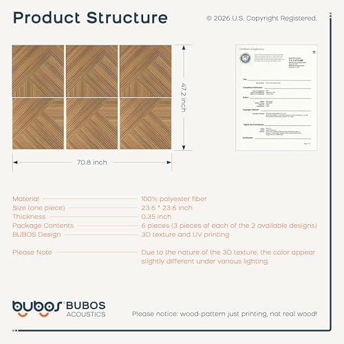 BUBOS 6 Pack Wood Wall Panel, 23.6"x23.6" Peel and Stick Faux Acousitc Panel - Image 3
