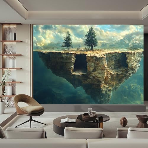 Earth Toned Feature Wall Mural Wallpaper Floating Rock Island Trees Surreal - Image 2