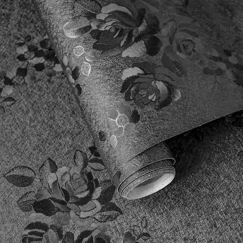 Black Peel and Stick Wallpaper Silk Embossed Floral 512inL 17.7inW by VisitTheLativo