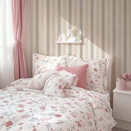 RollsRolla Modern Pink and Beige Stripe Peel and Stick Wallpaper - Image 3