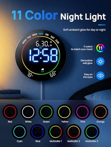 MASHI 10" Easy-Read Large Digital Wall Clock, 11-Color Night Light - Image 3