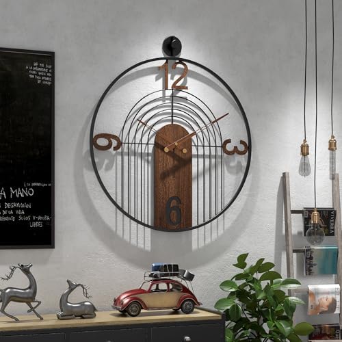 Modern Large Walnut Dial Wall Clock, Wood Metal Frame Silent Non Ticking Wall by VIVIFLYSE
