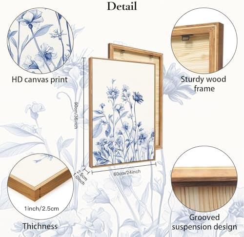 HLNIUC Vintage Blue Bird Flower Framed Canvas Wall Art, Large Chinoiserie - Image 6